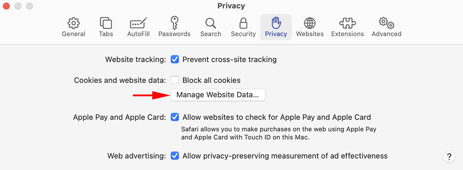 Choose Privacy and then Manage website data