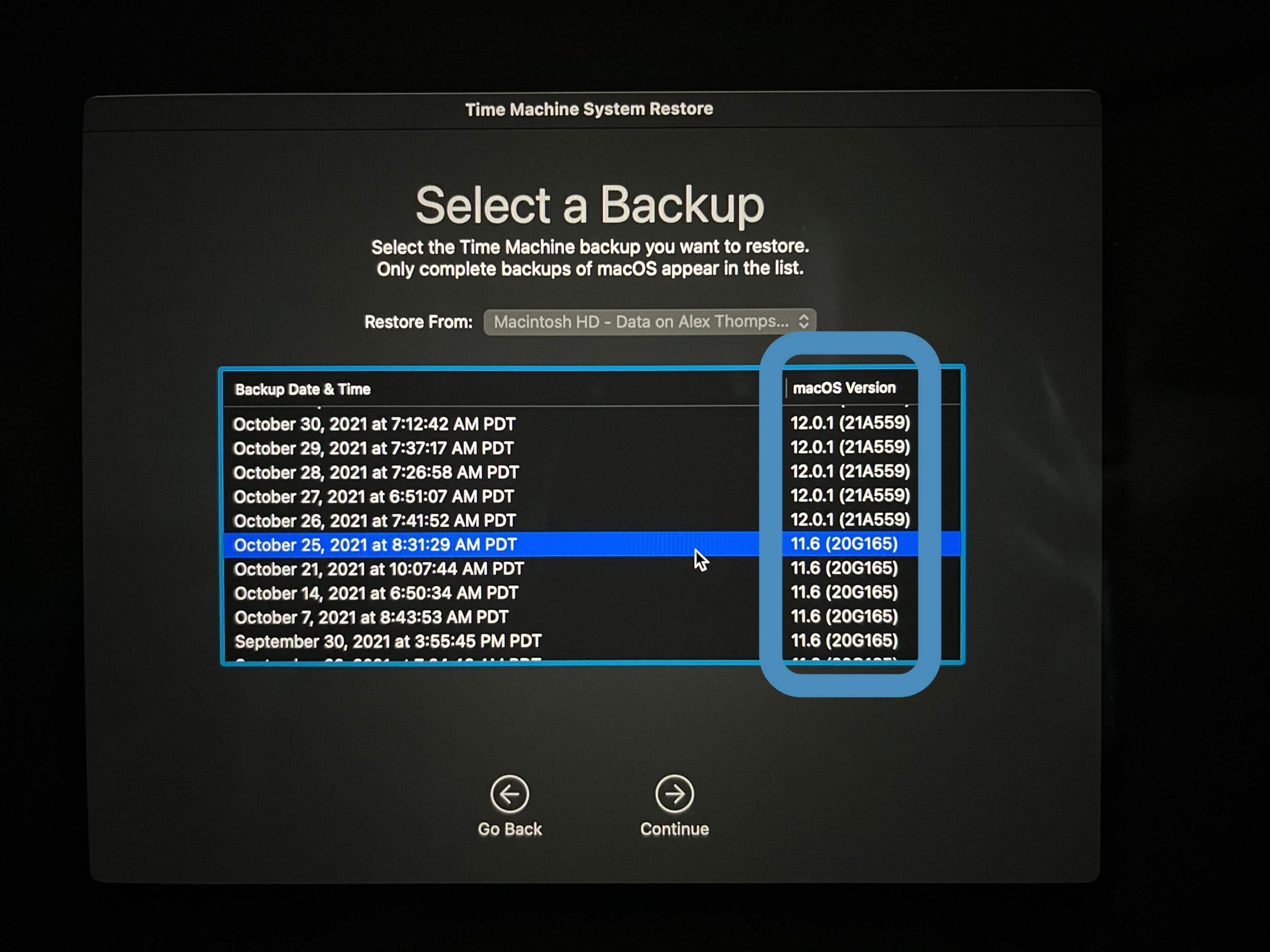 Step 5 to restore from Time Machine on Mac: Select a backup from a prior operating system