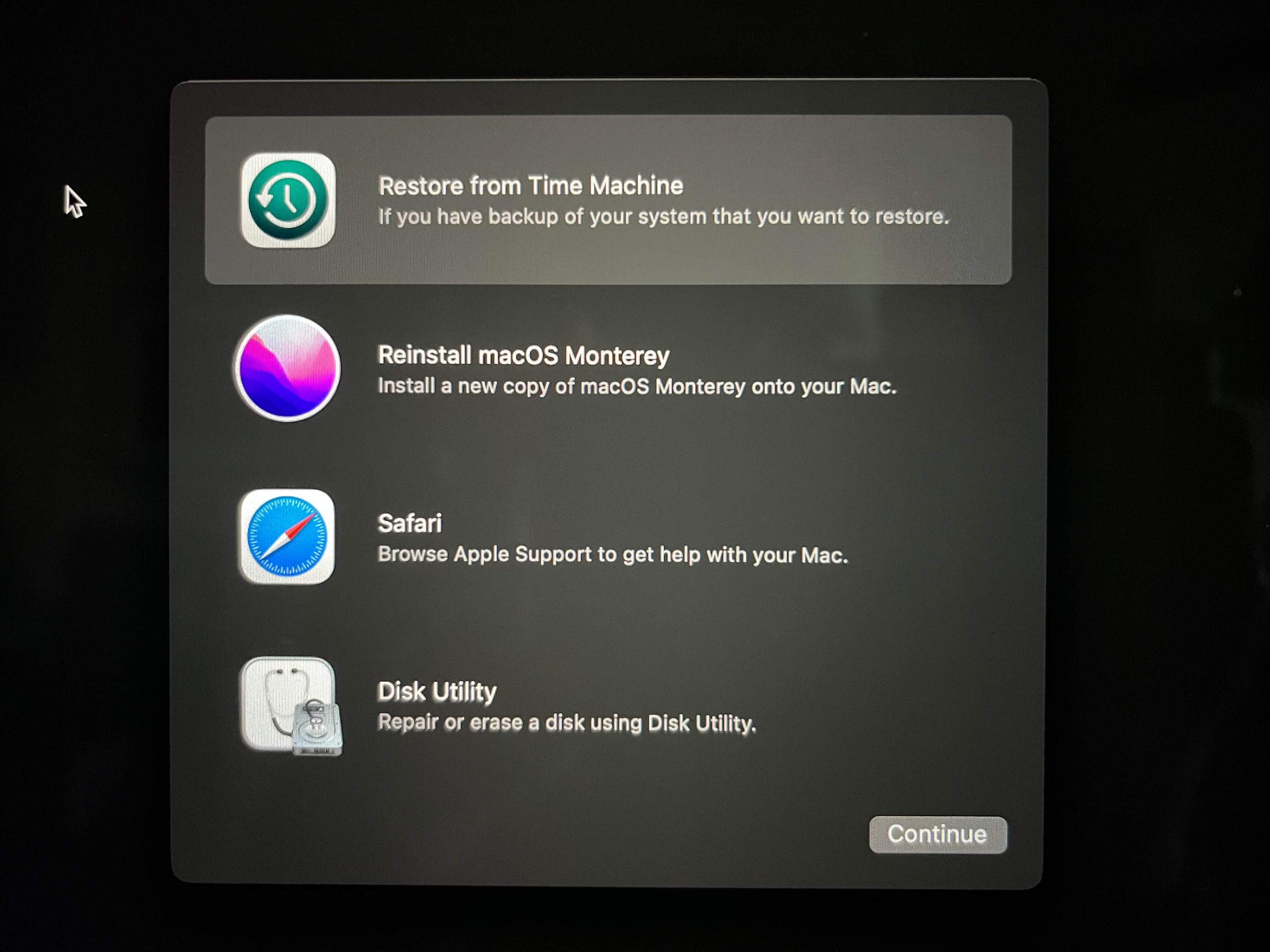 Step 2 to restore from Time Machine on Mac: Choose restore from Time Machine