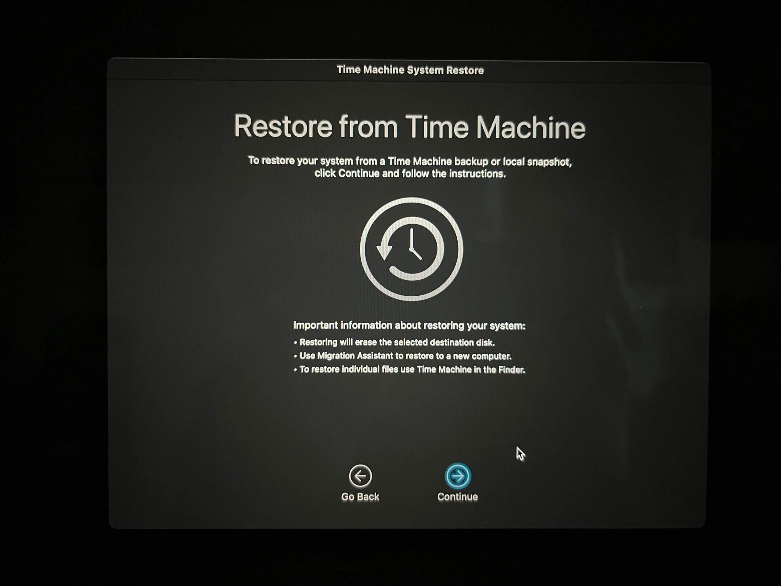 Step 3 to restore from Time Machine on Mac: Read the information