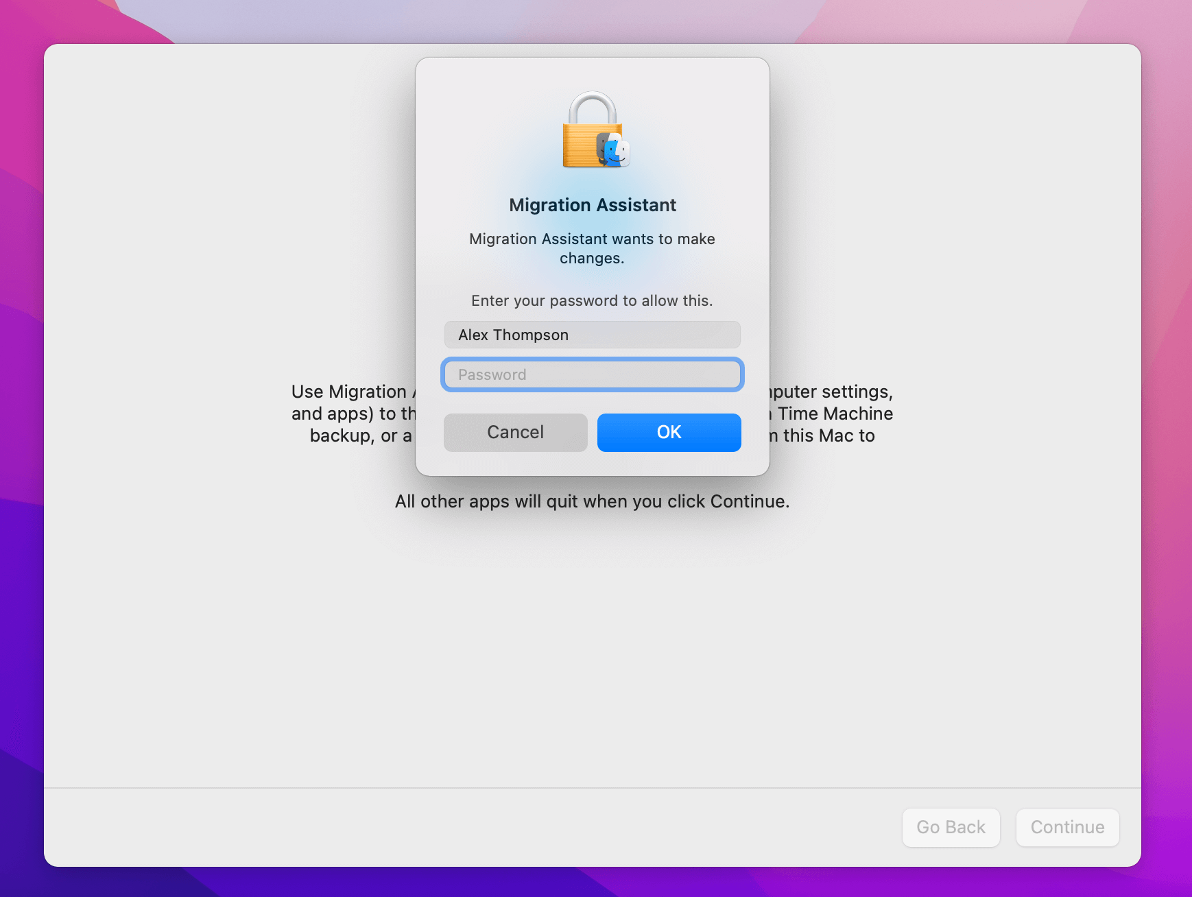Step 2 to restore from Time Machine on Mac: Enter your password