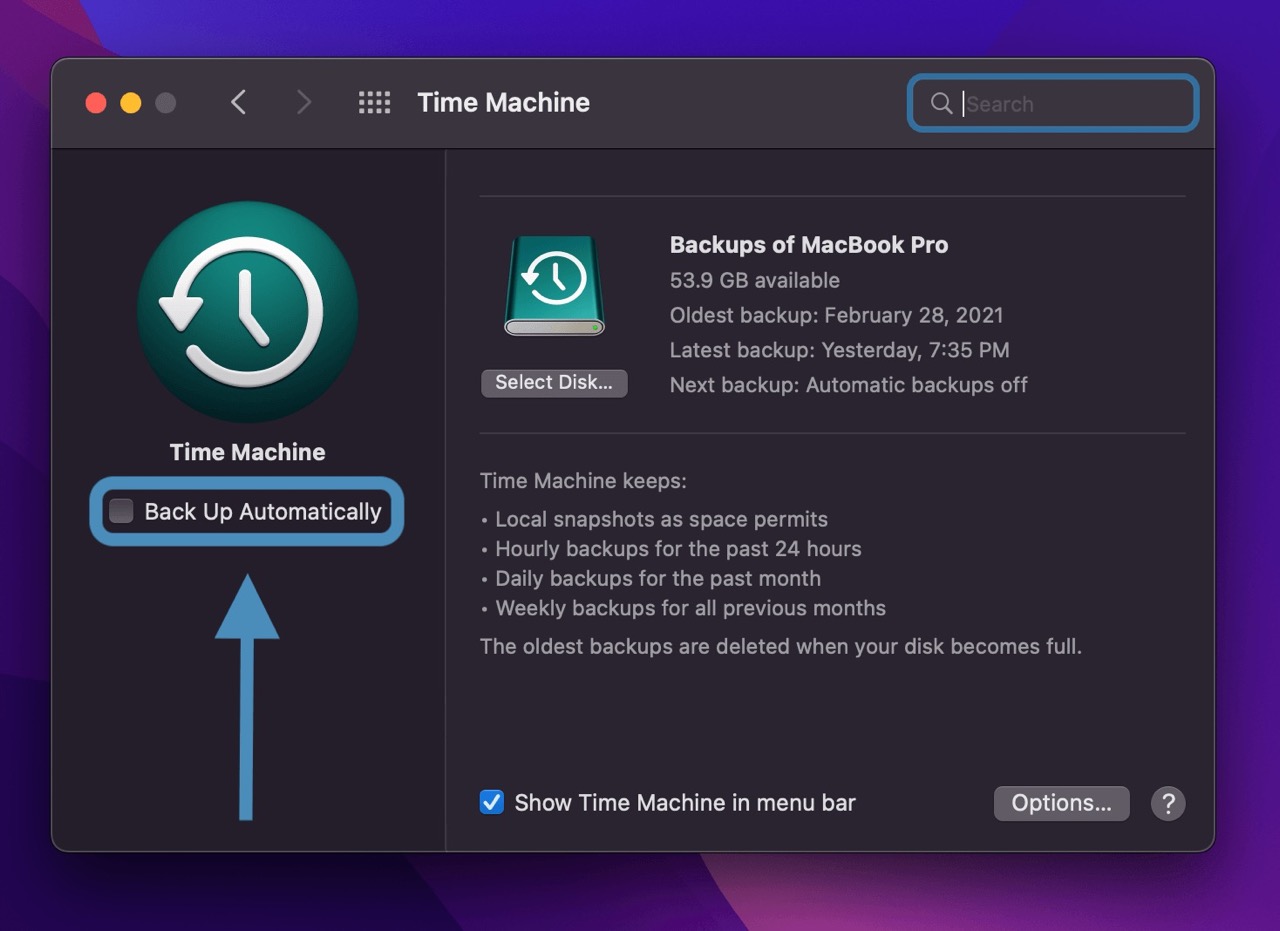 Turn on automatic backups in Time Machine