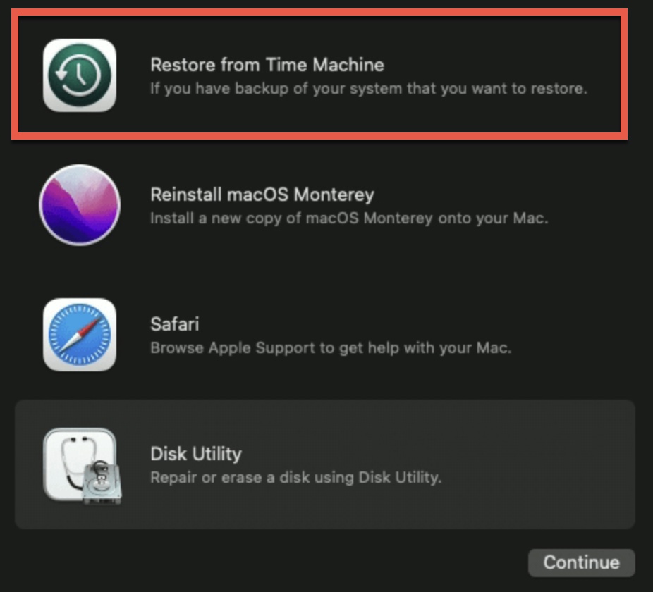 restore from time machine recovery