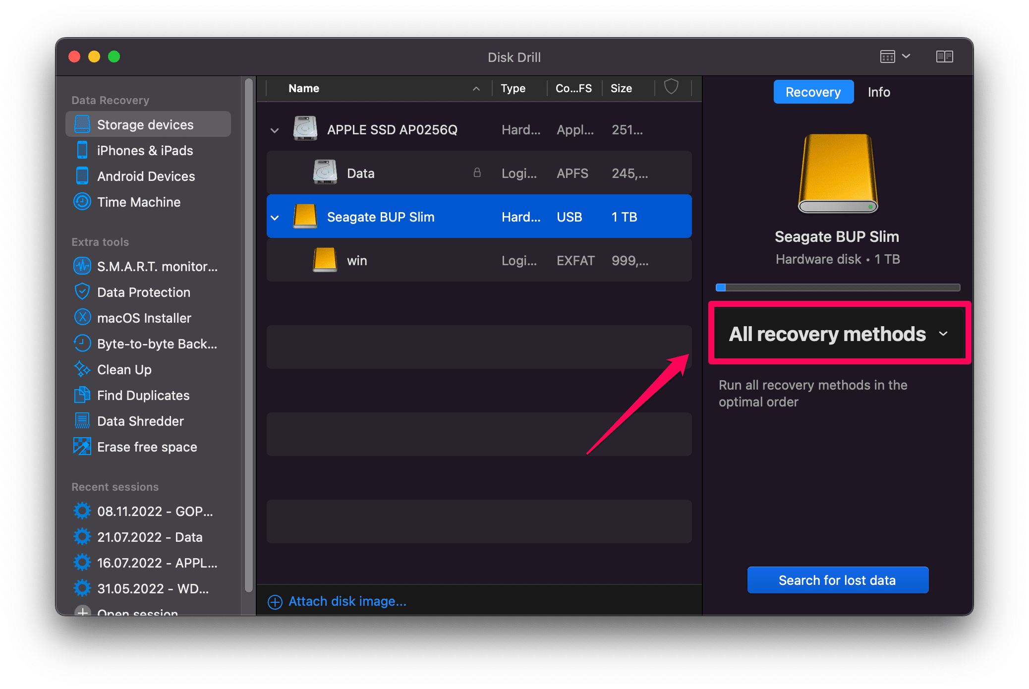 all recovery methods using disk drill on mac