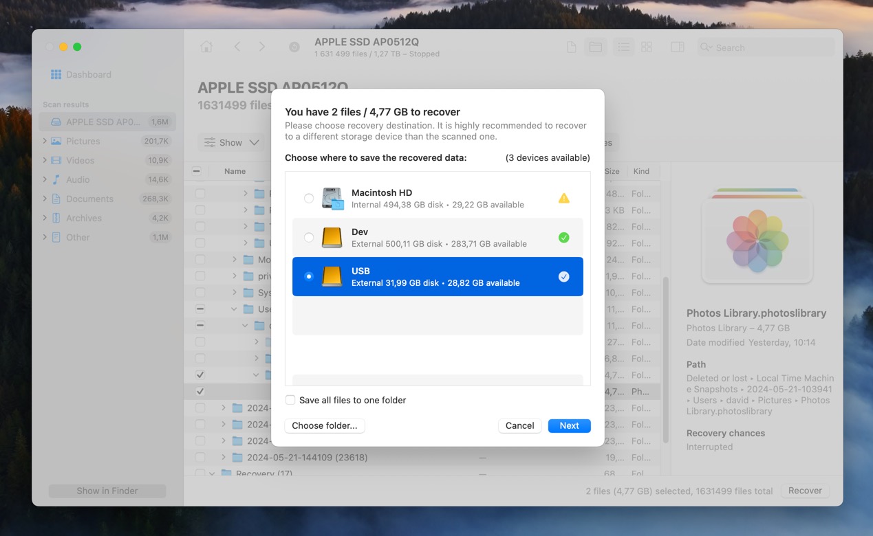 disk drill external storage location selection