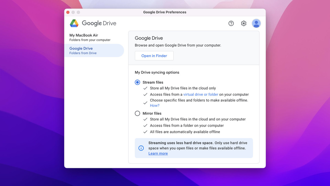 Google driveの設定メニュー