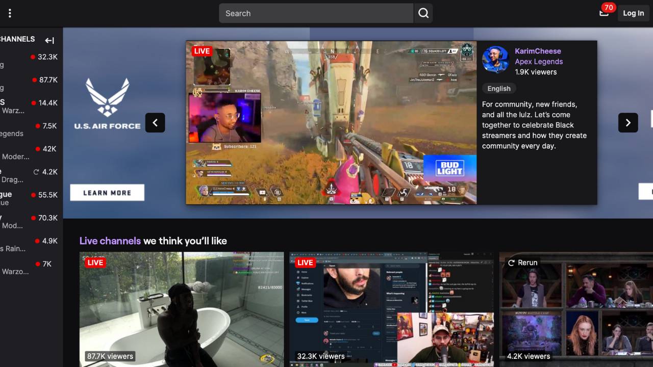 Twitch webpage with video streams