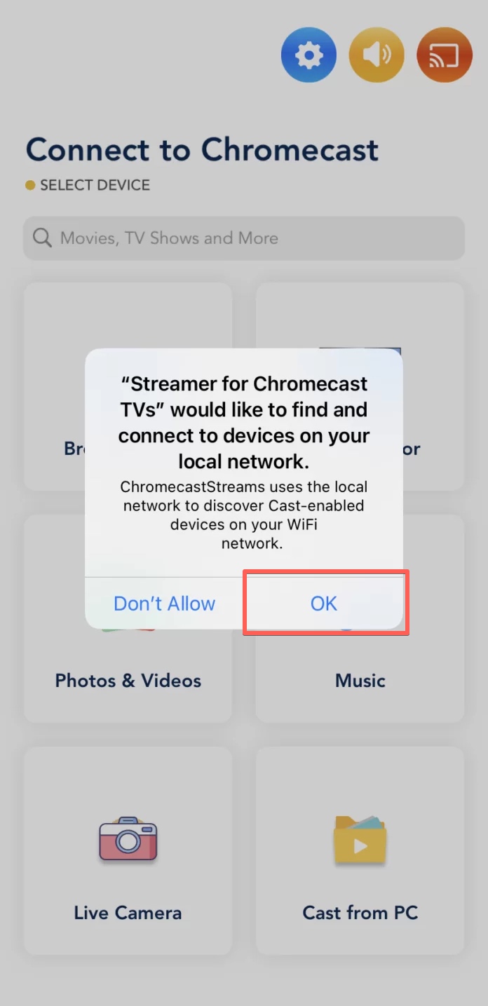Streamer for Chromecast TVsをWi-Fiに接続許可