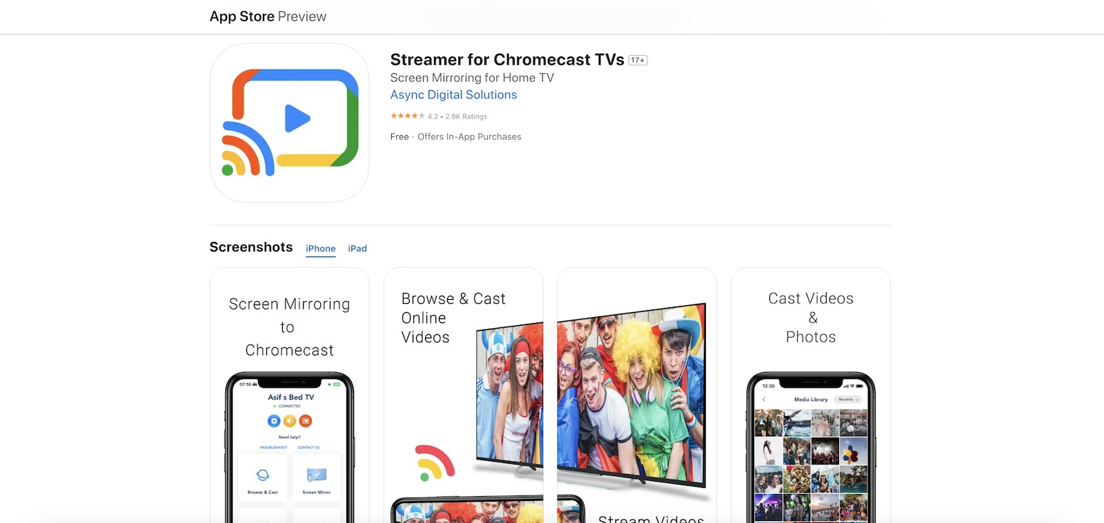 App StoreでのStreamer for Chromecast TVs