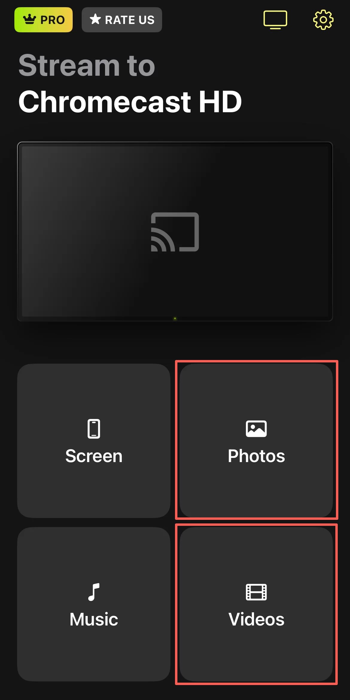 Tap on the Photos or Videos button in DoCast