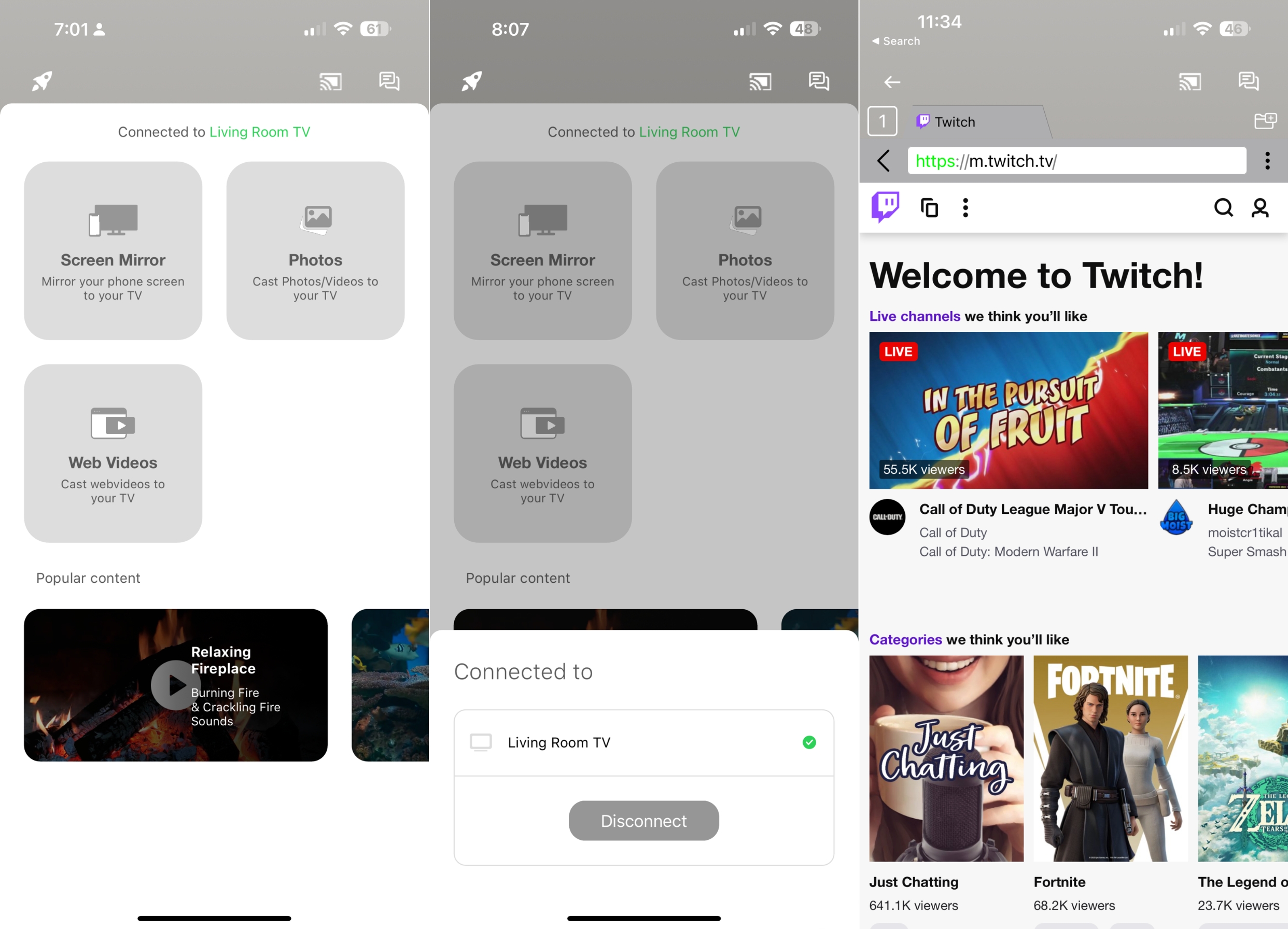 Screenshots of the Screen Mirroring on Chromecast app on iPhone