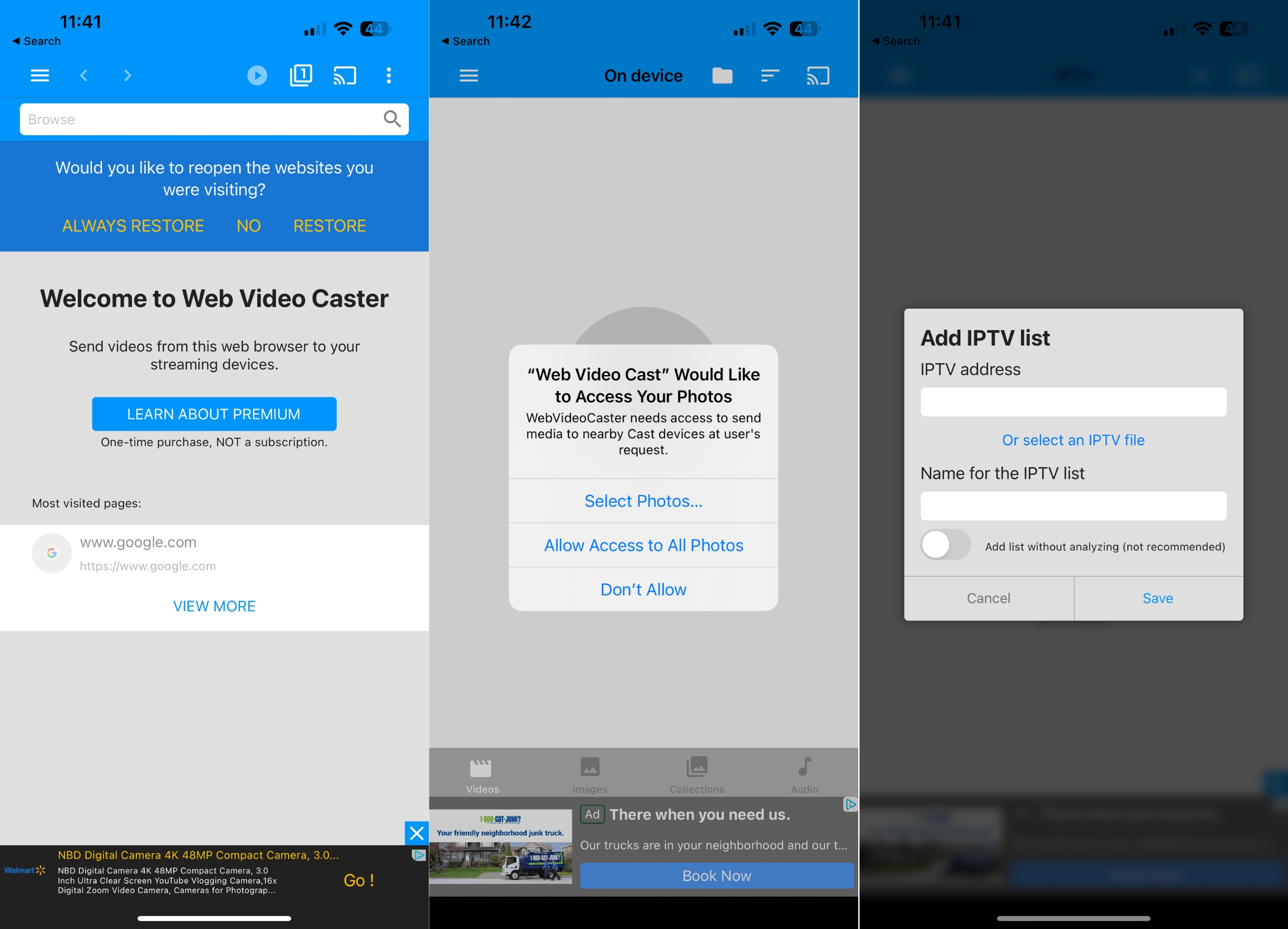 Screenshots of the Web Video Cast app on iPhone