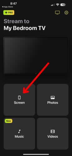screenshot of an app with a red arrow point to a button labeled "screen."