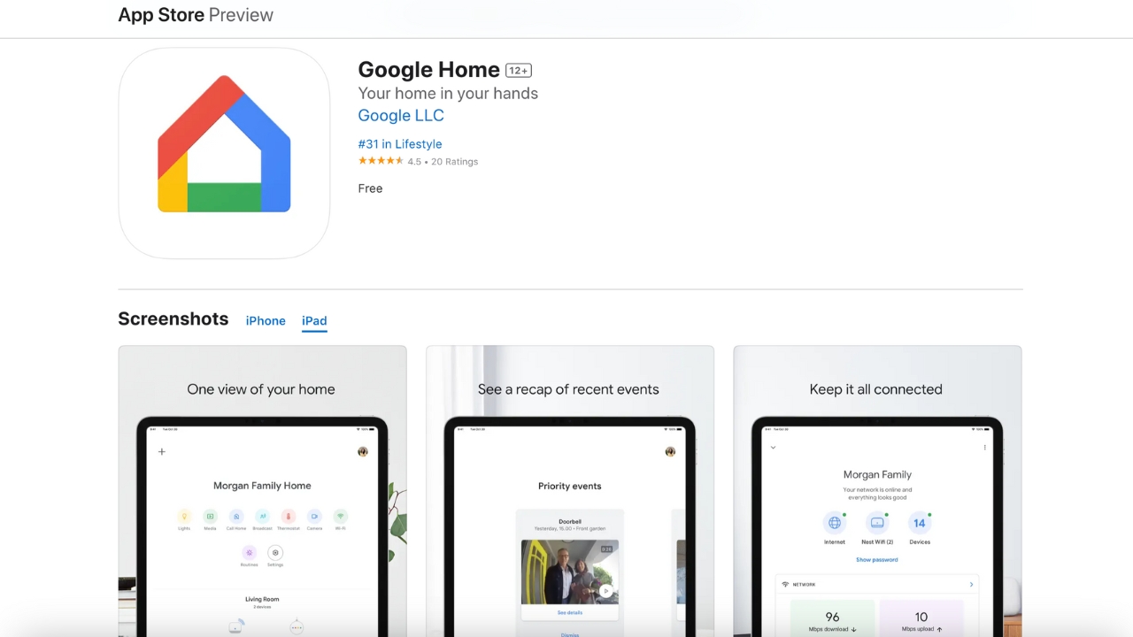 Screenshot of the Google Home app in the App Store