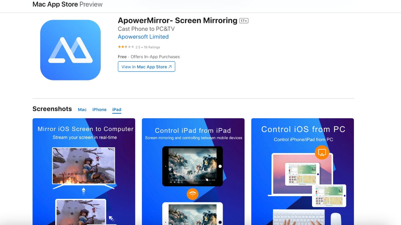 Screenshot of the ApowerMirror app in the App Store