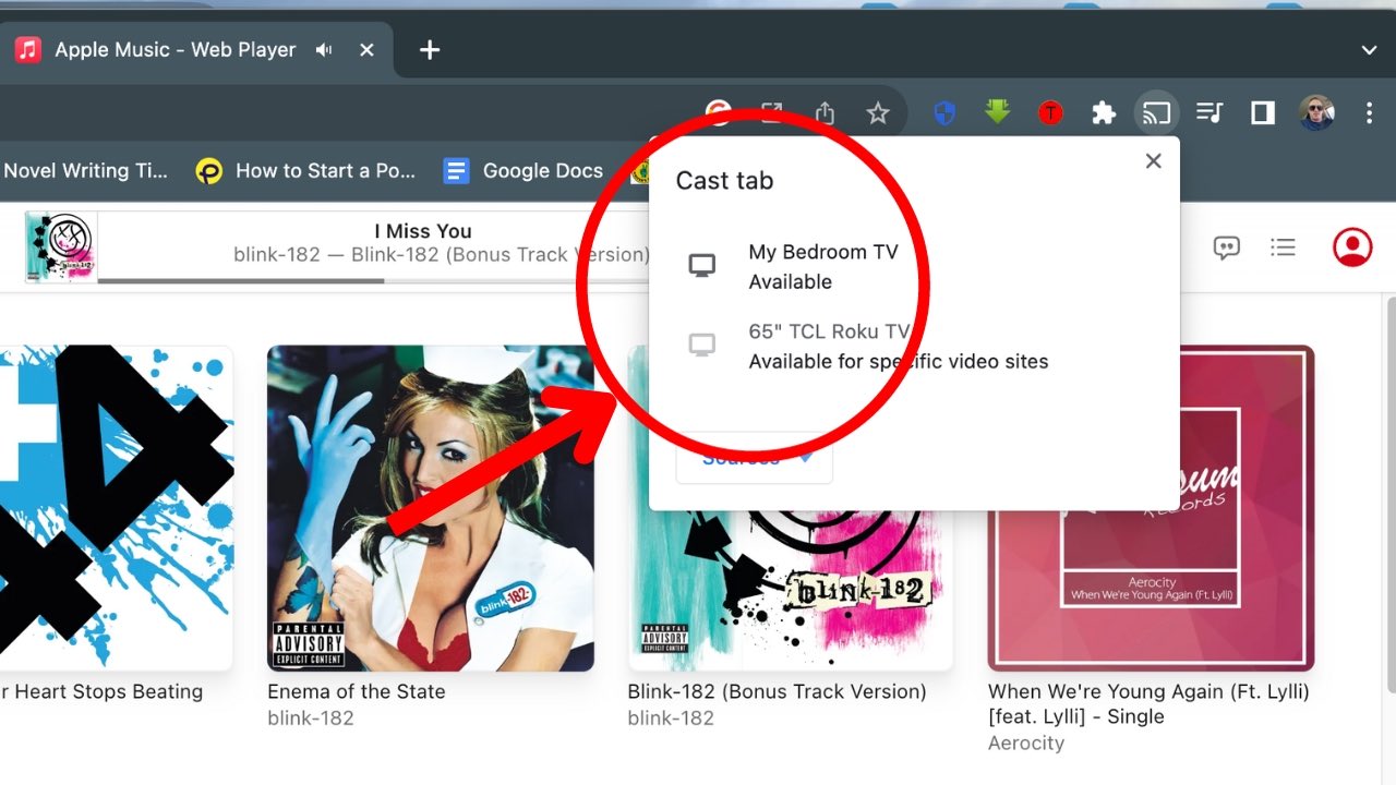 Select your Chromecast device from the Cast tab on Chrome browser